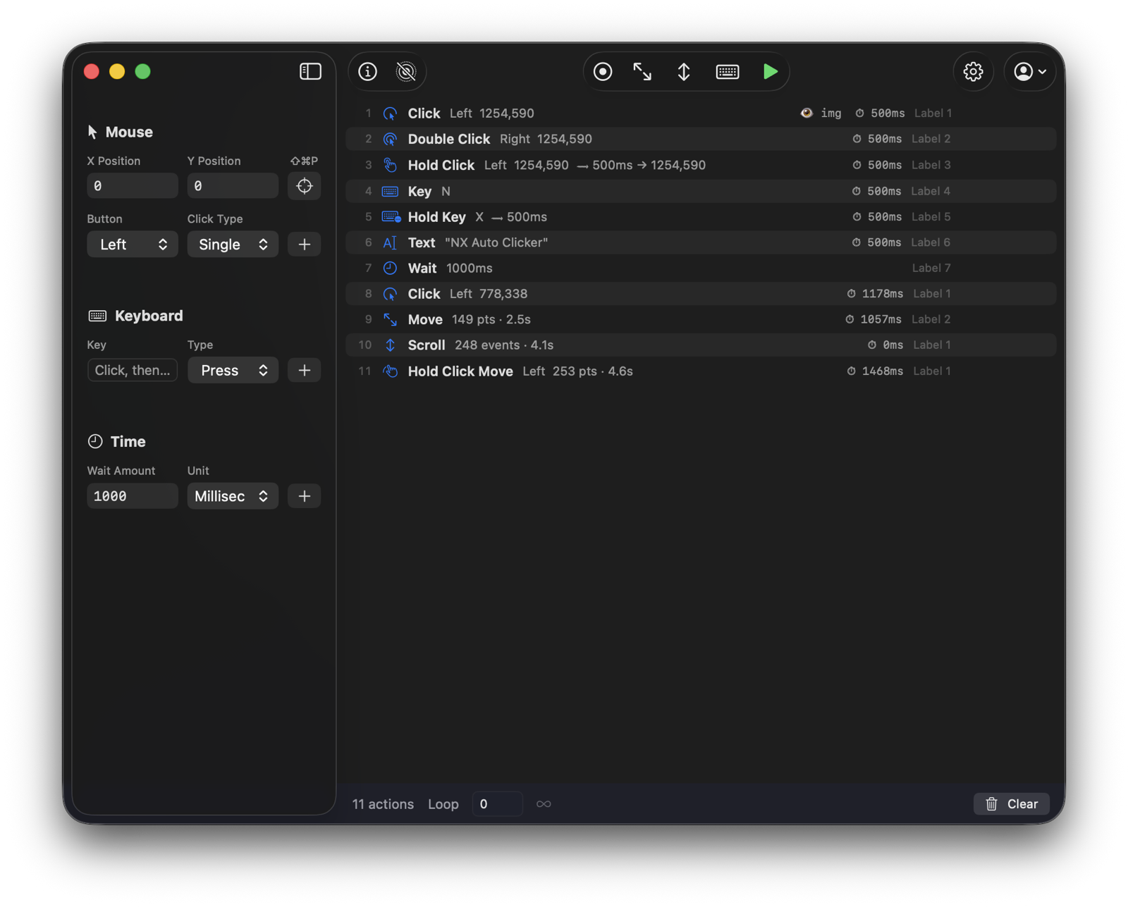 Clickron main window showing a macro with clicks, keystrokes, image triggers and loops