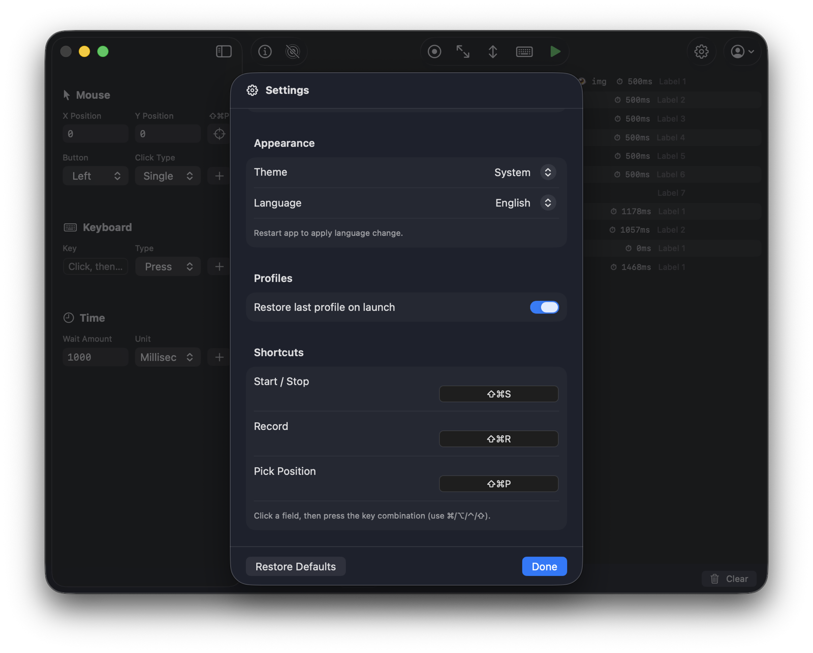Clickron settings with theme, language and shortcut options