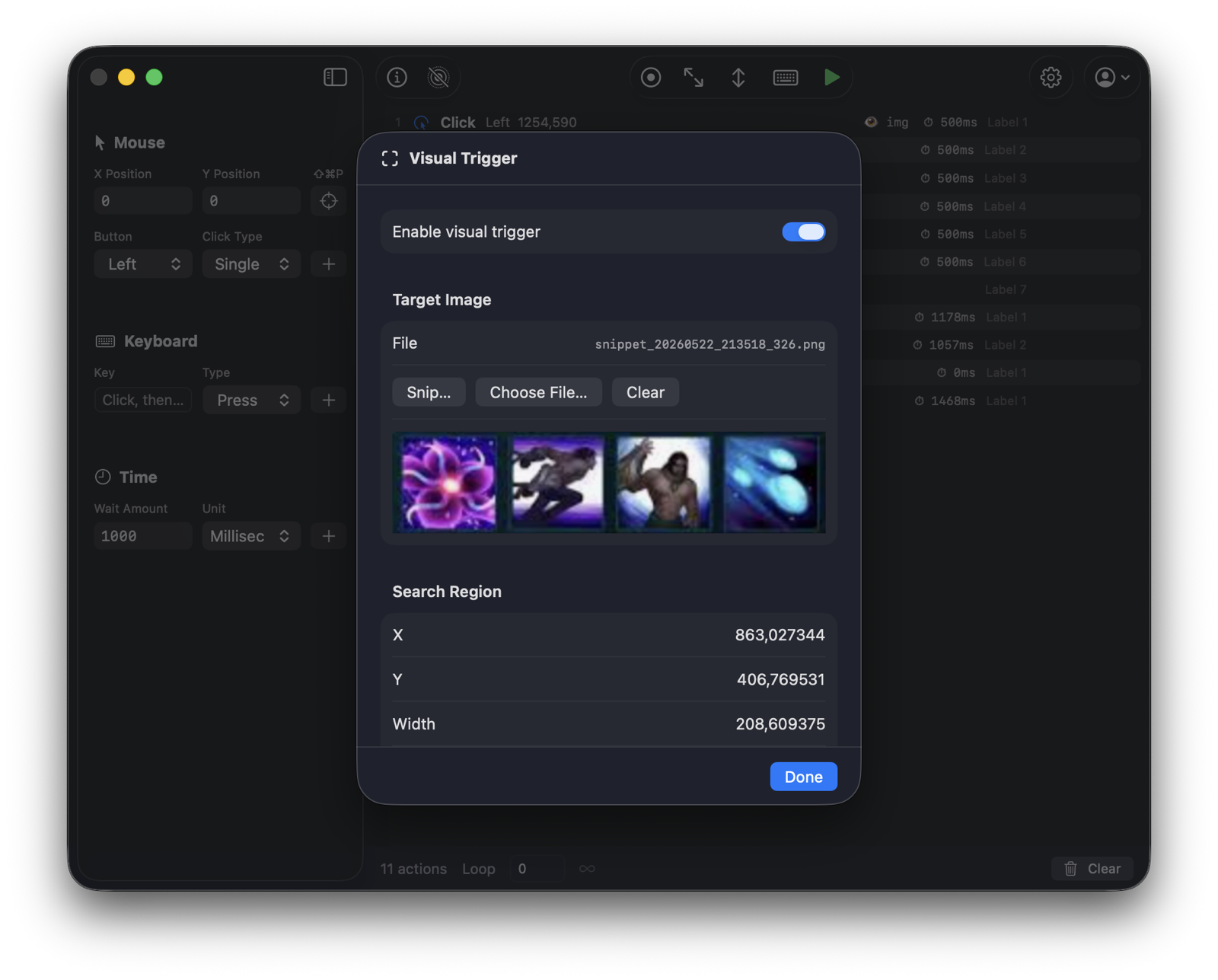 Clickron Visual Trigger panel with a target image and search region